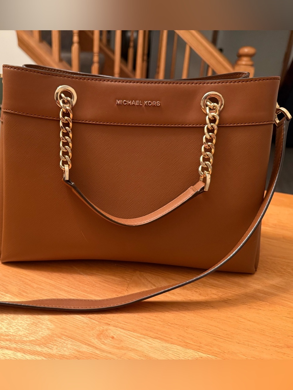 Michael Kors Tan Saffiano Leather Shoulder Bag with Gold Chain